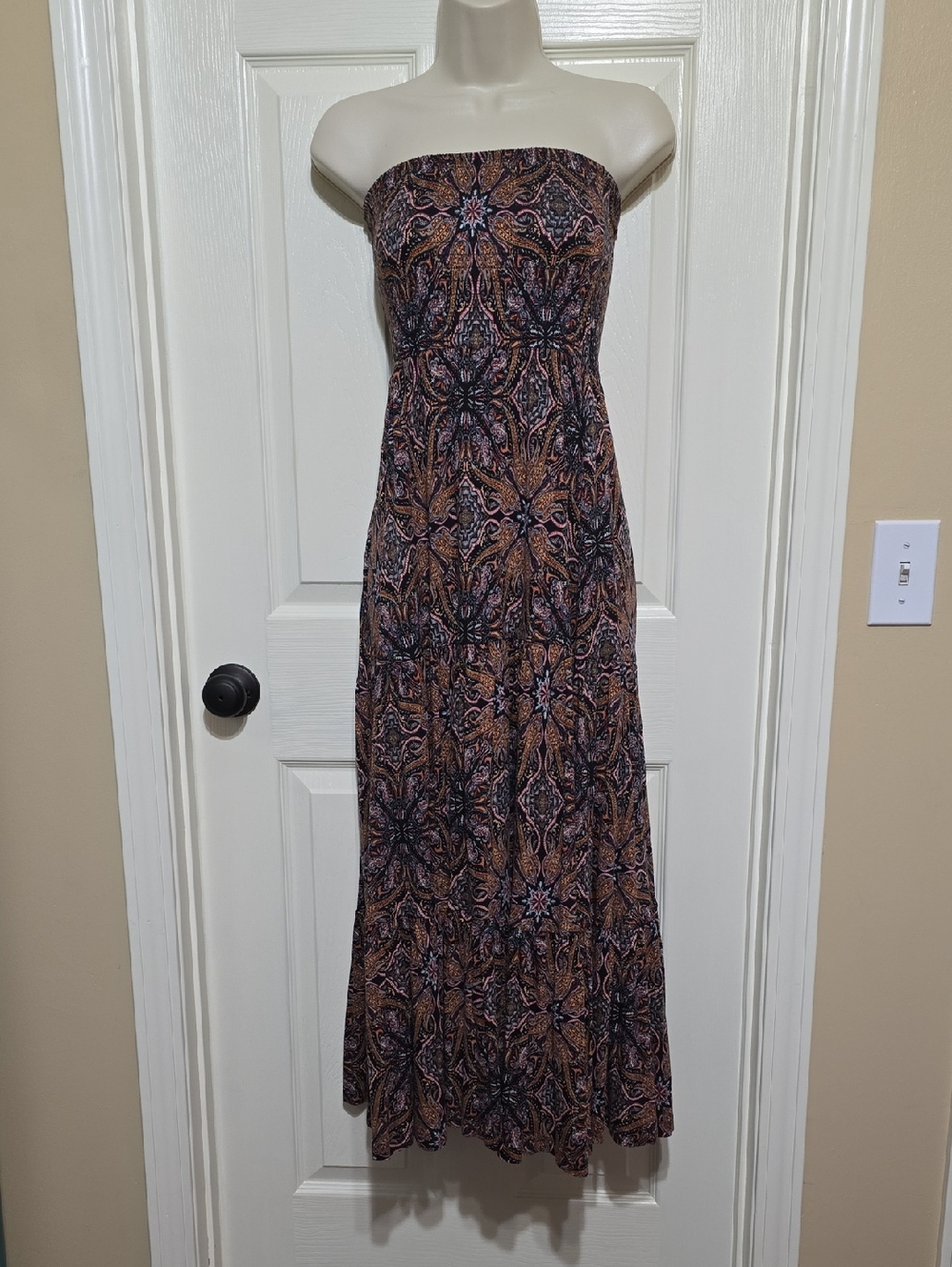 Smocked Strapless Maxi Dress in Brown and Black Paisley